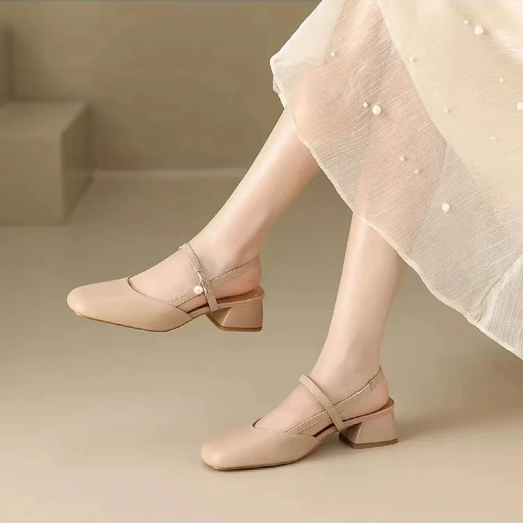 777 真皮单鞋女夏季新款法式气质方头浅口中跟凉鞋