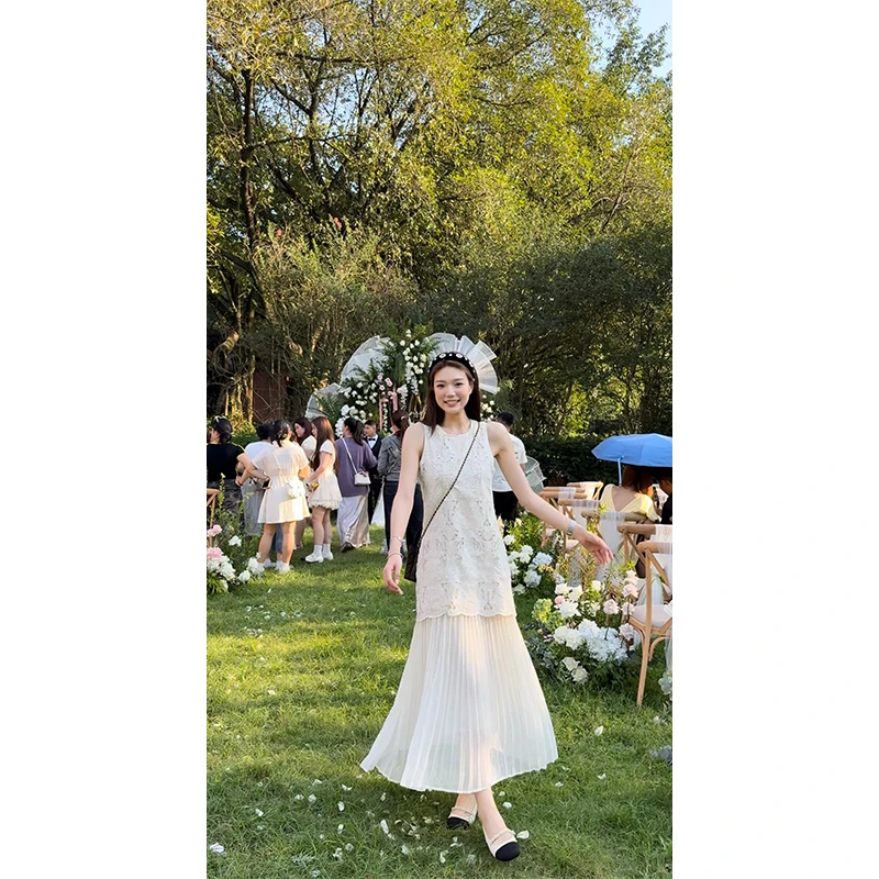 【 重工钩花裙 】加长假两件水溶绣花蕾丝设计感气质长裙女 SU315