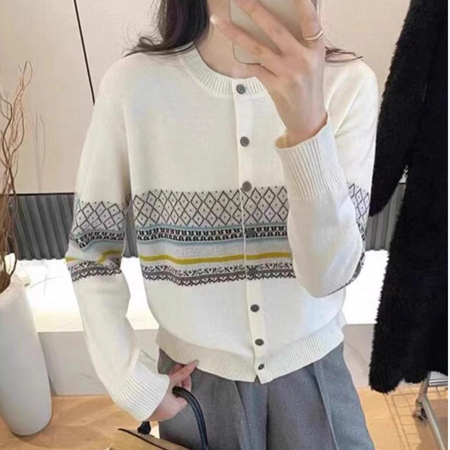 1527【欧式提花】春秋羊毛针织开衫民族风毛衣外套圆领宽松上衣女