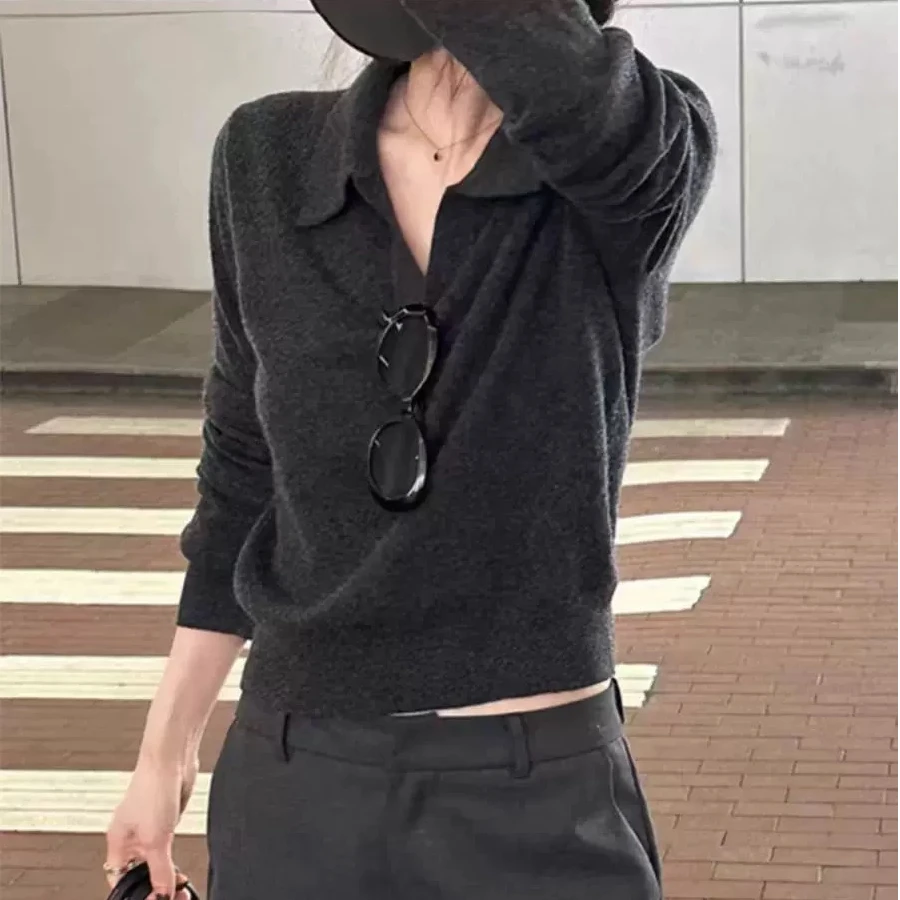 春秋精纺天丝羊毛衫女时尚翻领薄款套头上衣宽松纯色针织衫XZ255