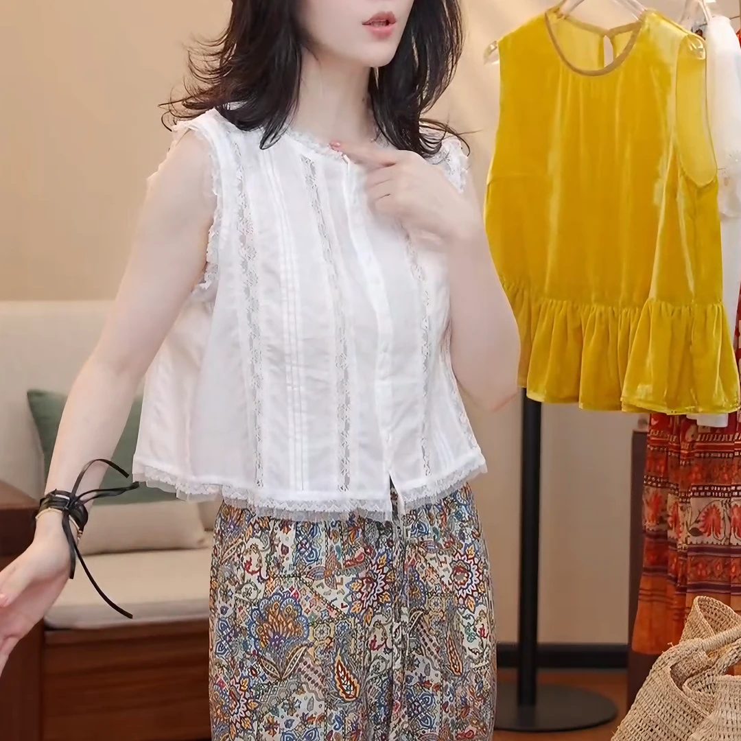 2025夏季新款高级感简约镂空蕾丝薄款气质无袖小衫女LK2503828