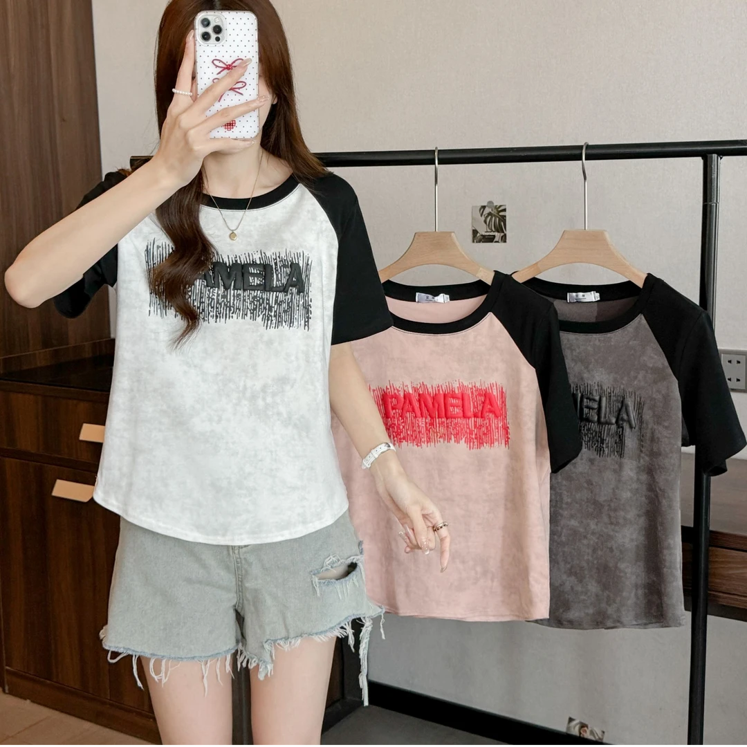 大码微胖遮肉遮肚子显瘦正肩短袖T恤女夏季新款百搭印花上衣女装