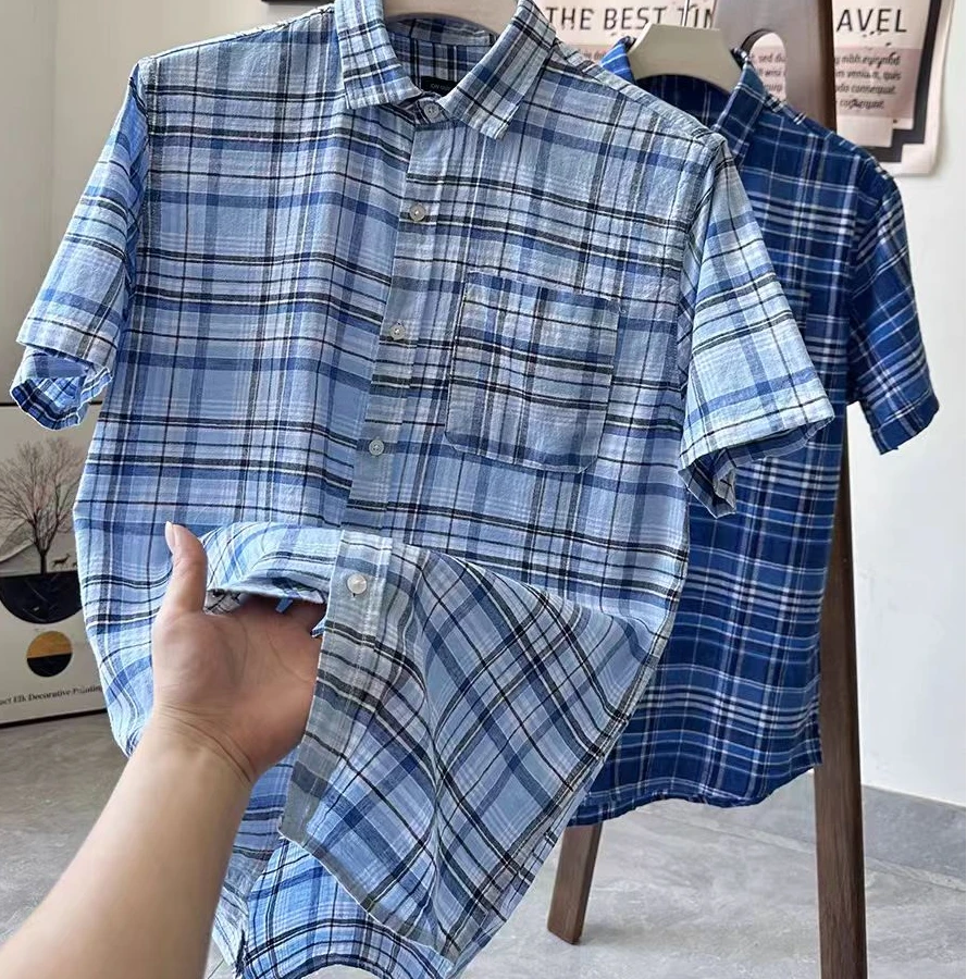 大码原单棉麻混纺男士透气吸湿夏季美式复古格子短袖衬衫