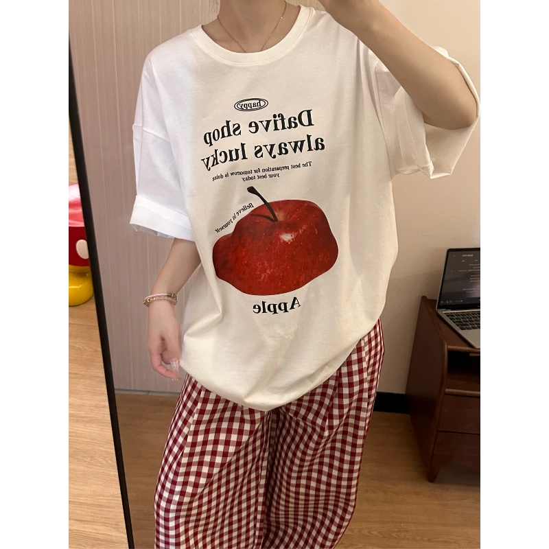 韩版夏季抽象苹果原创设计感家居服短袖纯棉上衣百搭元气大码睡衣