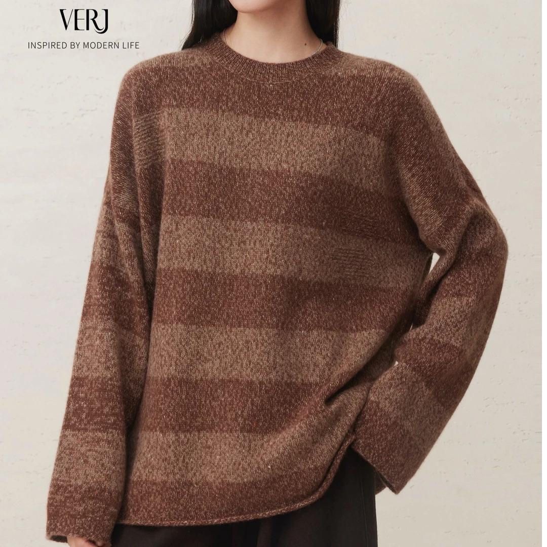 【意大利为简VERJ】纯绒咖色条纹圆领毛衣