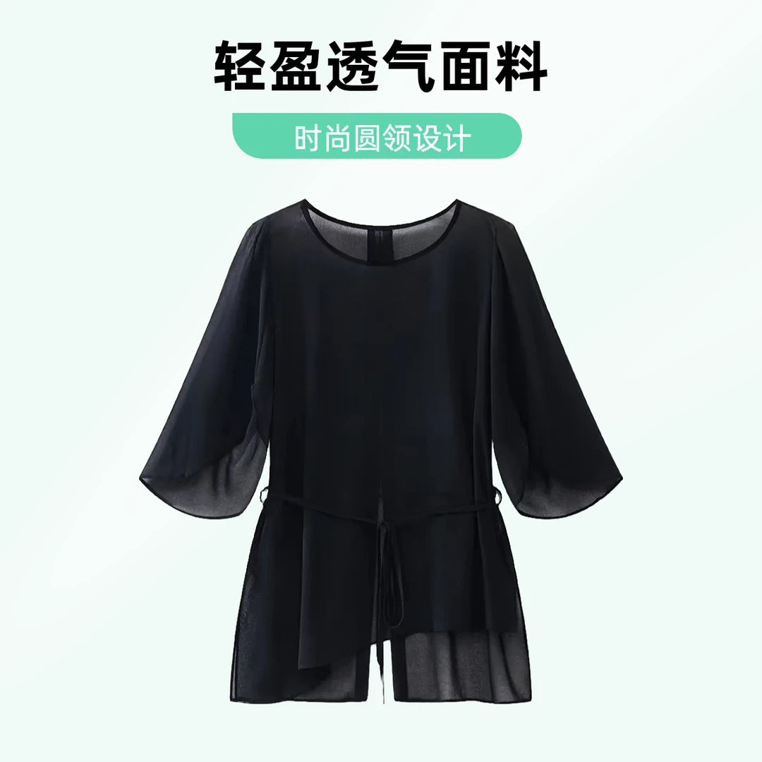 中袖修身型打底衫冰丝防晒衫黑色夏季外搭衬衫气质时尚百搭