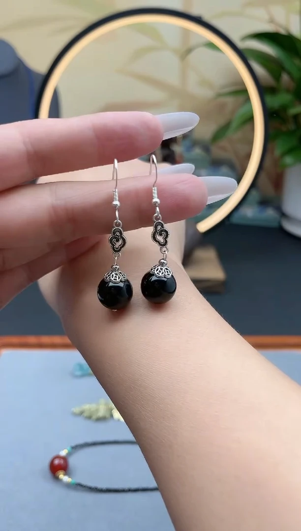 黑曜岩银S925镶嵌耳饰207