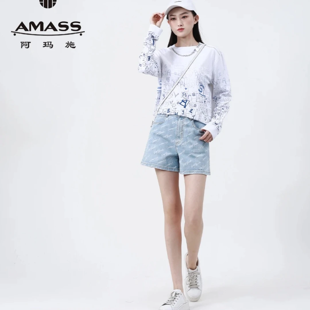 AMASS/阿玛施 青春减龄百搭休闲字母高腰显瘦女士牛仔短裤5100476