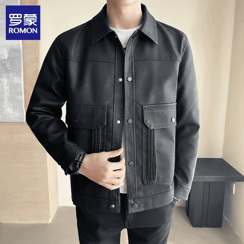 罗蒙皮衣轻奢休闲防风防水男士春秋款修身外套商务皮夹克舒适百搭