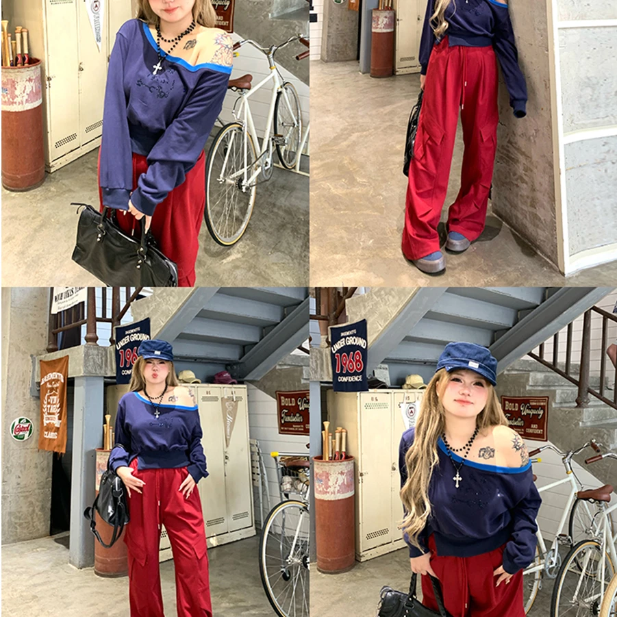 清清-【喵喵星冰乐】拼色烫钻一字肩卫衣2024秋季新款A243W0008