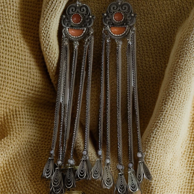 足银耳饰 蒙古元素 原创设计 手工制作 老旭日古典复古风长款