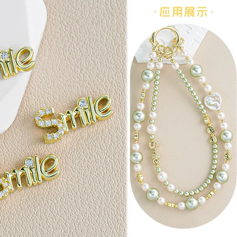 【饰界】铜镀金手机链SMILE字母隔珠挂件手工diy饰品配件TD0498挂绳