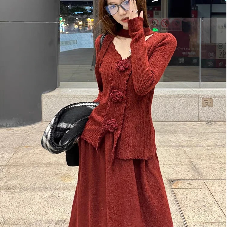 2025早春新款毛衣气质套装红色复古时尚百搭两件套三件套装减龄