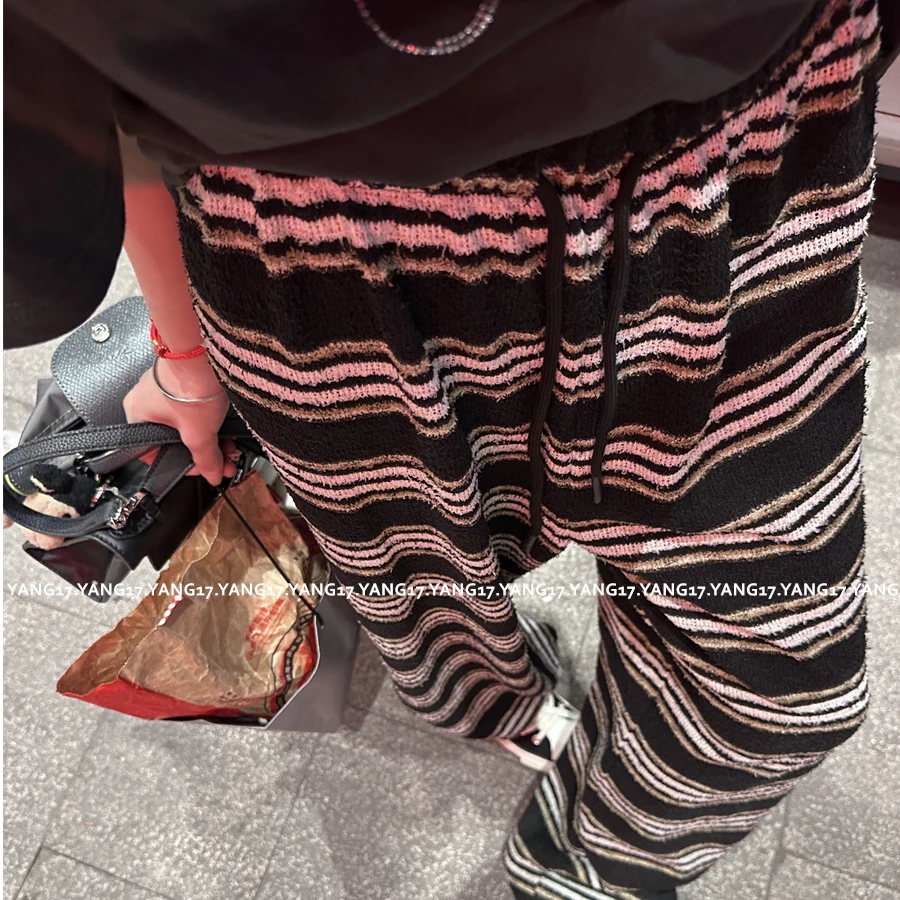 杨十七  “无缝”复古条纹提花宽松休闲裤女毛巾肌理感直筒裤女