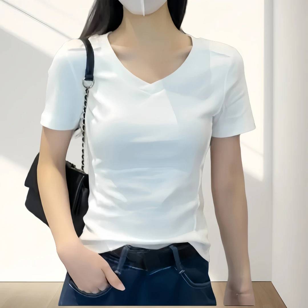 白色V领鱼骨正肩短袖t恤女春夏修身设计感打底衫内搭显瘦低领上衣