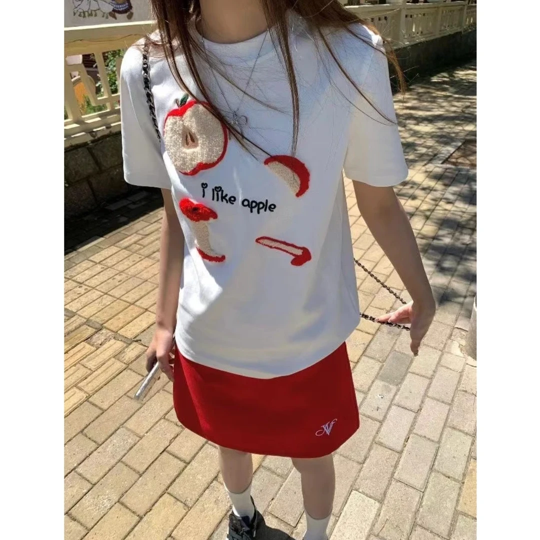 珍珍高个子【苹果乐园】加长韩版刺绣植绒苹果短袖T恤女设计感女