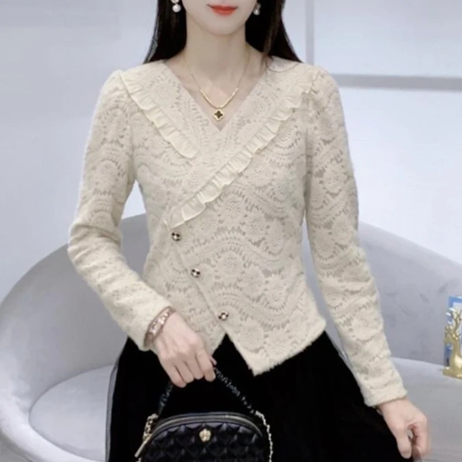 2025冬季加绒加厚保暖拼接不规则小众蕾丝打底长袖修身百搭女上衣