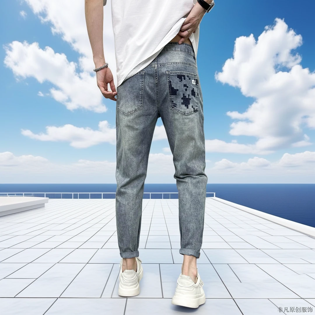 夏季薄款潮流牛仔裤男士韩版修身小脚百搭高档刺绣水洗复古九分裤