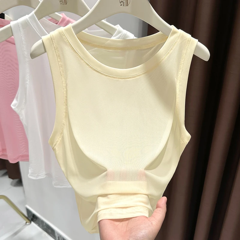 杏色圆领百搭宽松显瘦无袖内搭小衫女薄款设计感透视网纱镂空背心