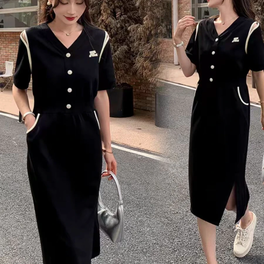 【F1233】法式茶歇高级感长裙202女装赫本风黑色显瘦连衣裙子女夏季