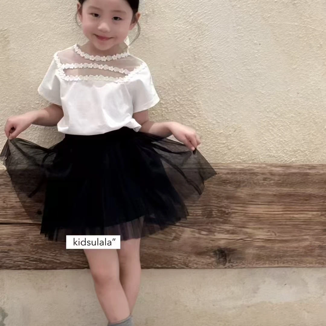 【档口正版】白t黑色纱裙半裙夏女童短袖韩系