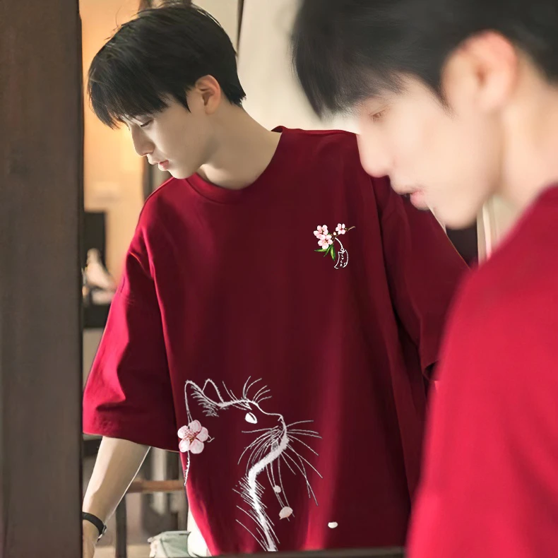 【重磅纯棉】夏季新款休闲国潮宽松半袖圆领透气港风红色男短袖t恤