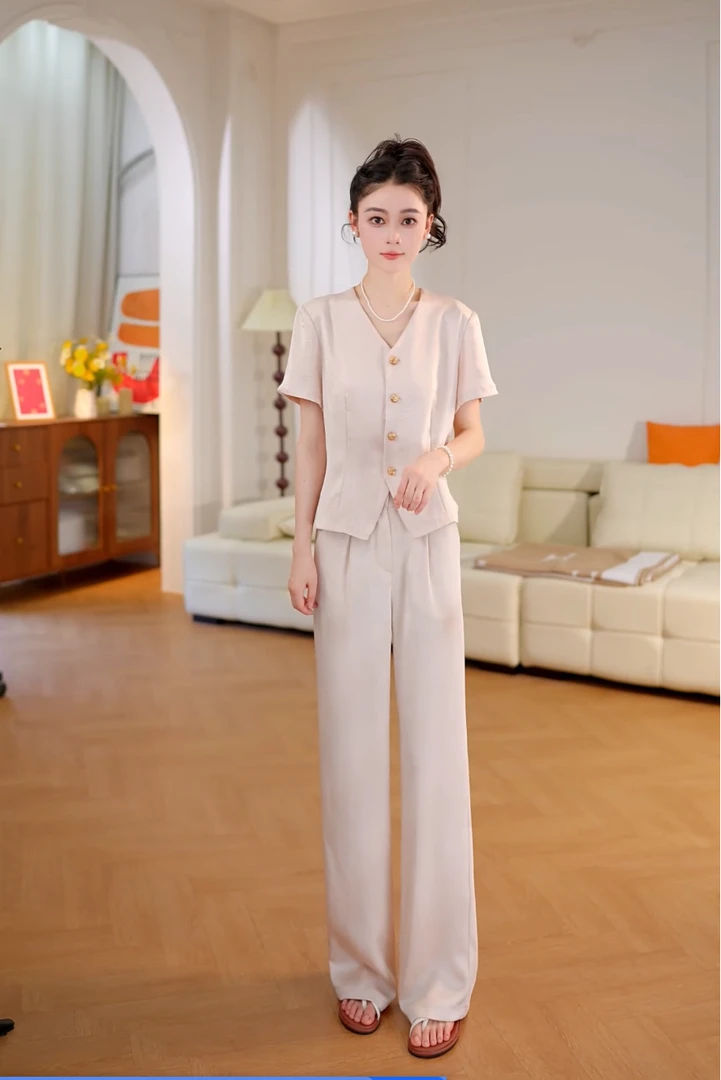 醋酸鎏金缎面套装新款女2025初夏高定轻奢气质显瘦套装女