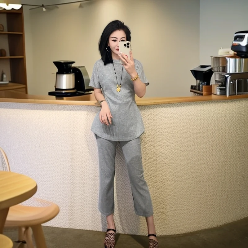 【蚂蚁腰套装】（衣长68裤长83左右）气质时尚休闲薄款显瘦短袖微喇