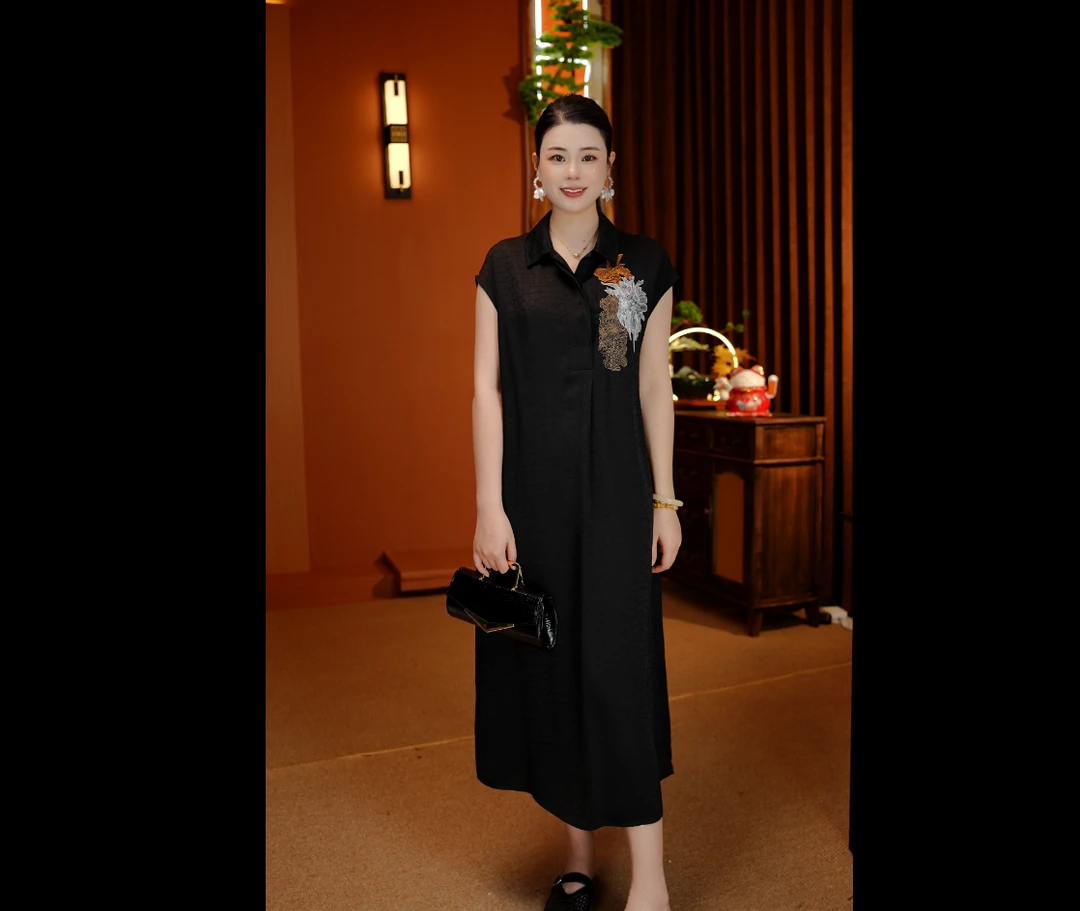 【一见倾城】中国风龟裂纹衬衫领重工刺绣夏季长款品质女装连衣裙