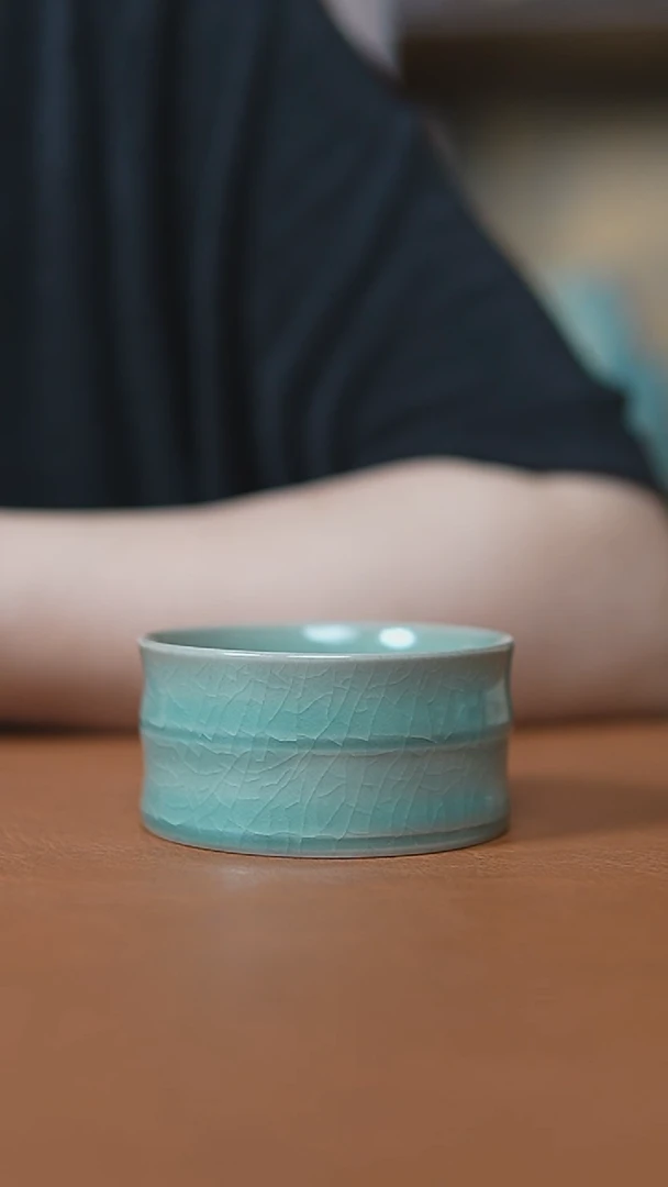杯仿古翡翠绿釉竹节杯瑕