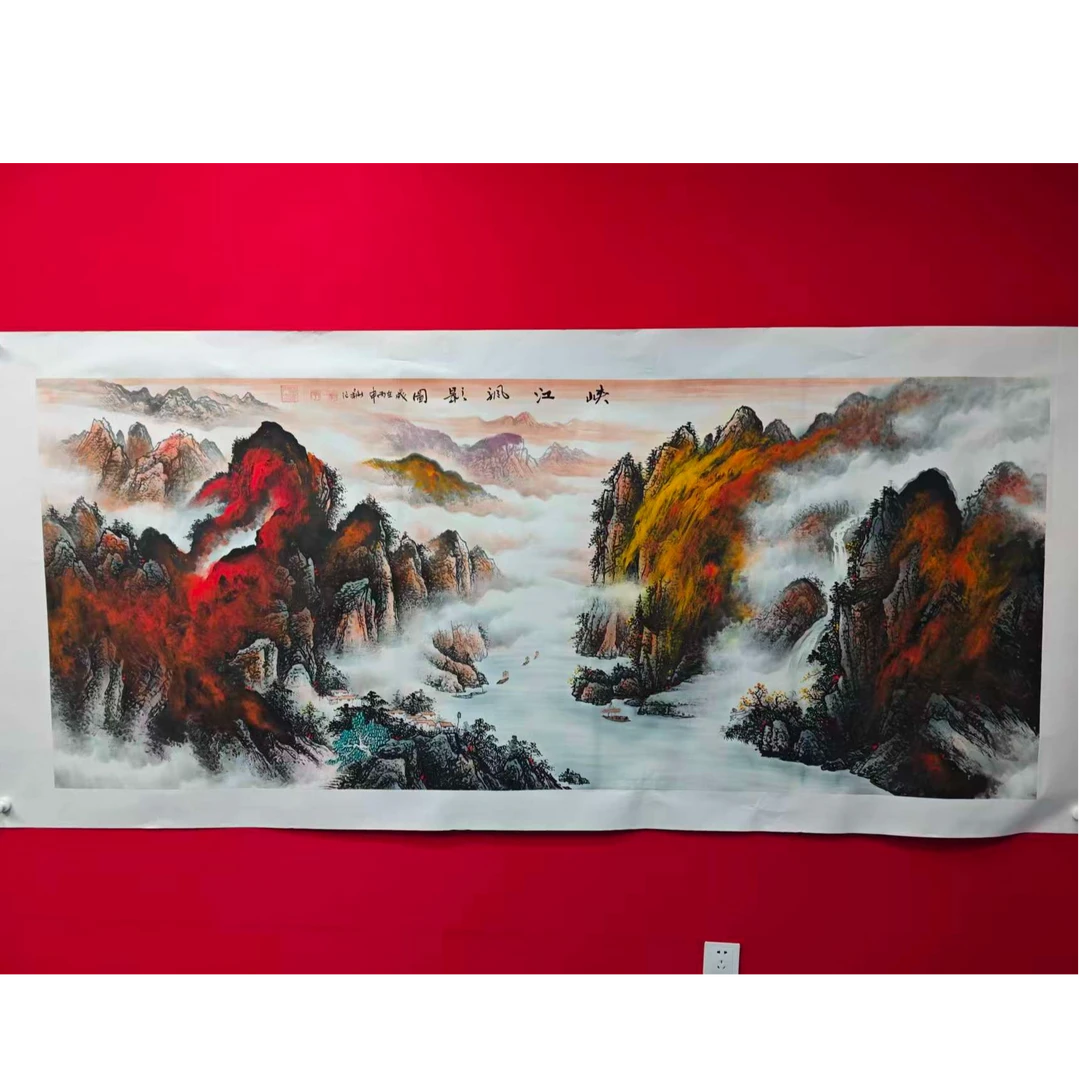 李新社八尺手绘宣纸-峡江帆影-山水画
