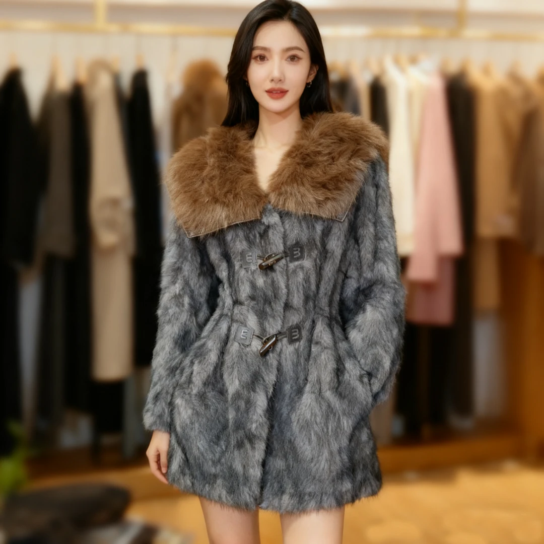 【亚聚甄选】2025中长款海军领豹纹时尚气质外套