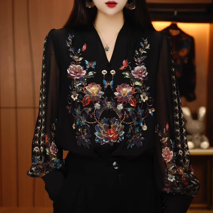 Y250059-春新款琉璃双皱丝时尚洋气百搭显瘦休闲气质印花国风小衫