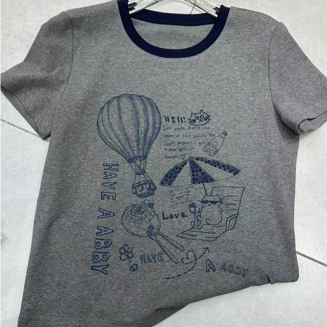 深圳南油高货原创huan撞色领趣味度假风热气球常规显瘦洋气T恤