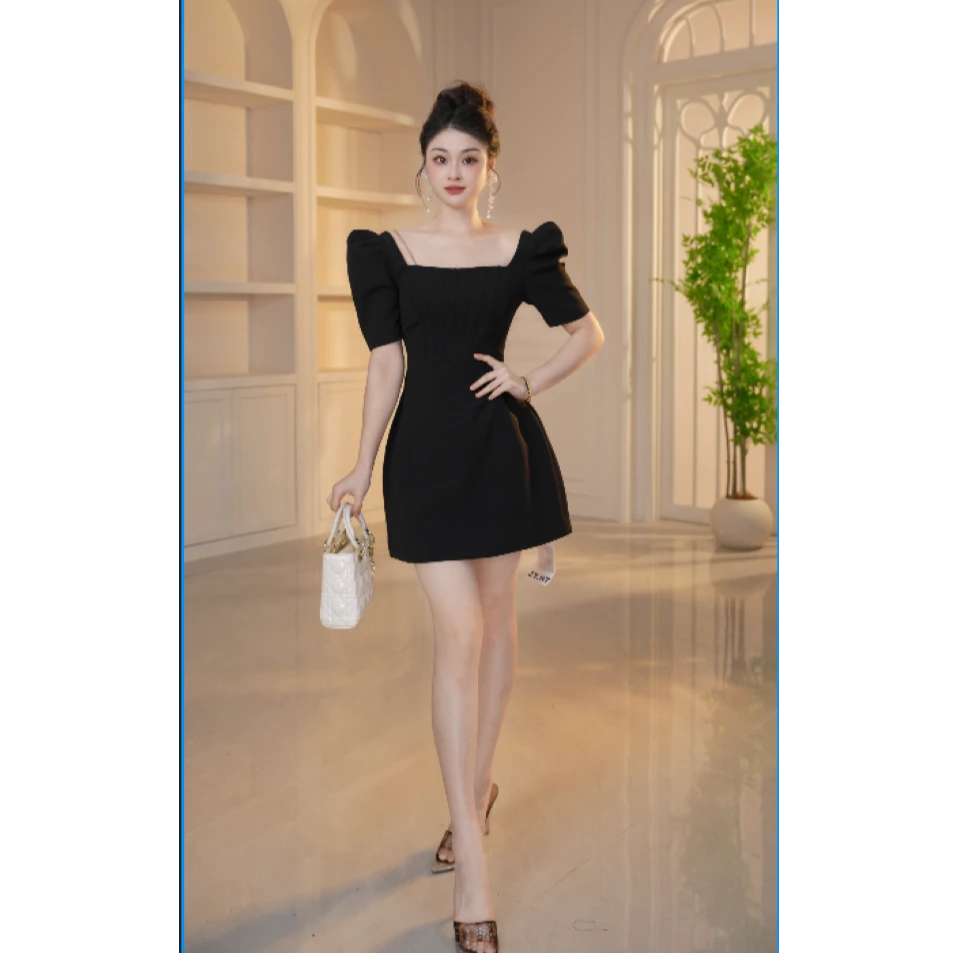 【显瘦定制】方领短裙轻职风拉链泡泡袖连衣裙气质法式简约9477