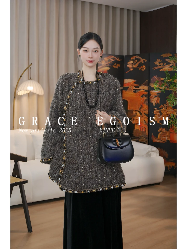 金禾【金禾专属】冬款国风羊毛粗花呢手工钉珠设计师款羽绒服3795