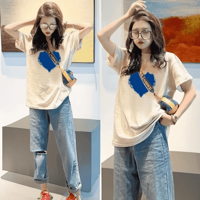新款女式短袖上衣夏季百搭宽松显瘦心形印花纯棉圆领休闲时尚薄款