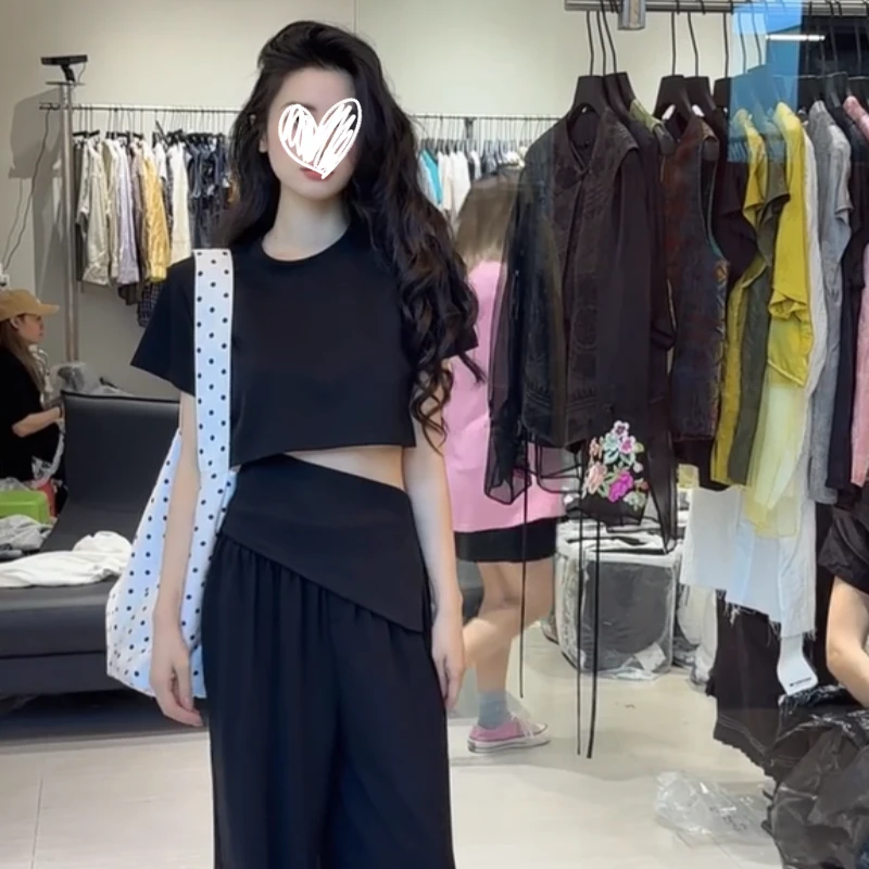 艺等2025年夏季新款韩版露腰露背高级设计感不规则下摆百搭女上衣