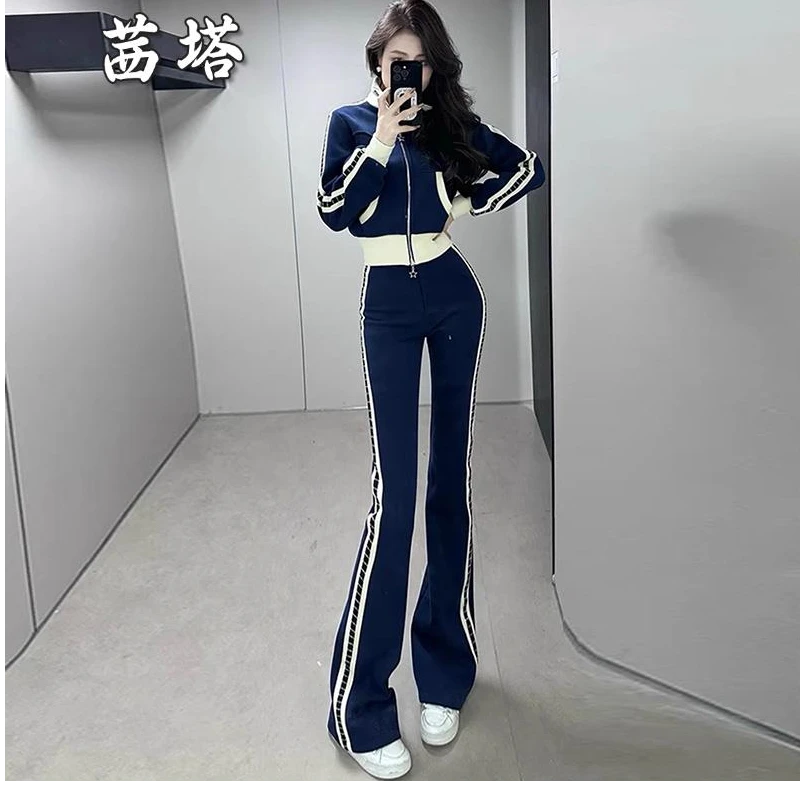 炸街辣妹休闲运动服套装女春时髦修身侧条纹卫衣高腰微喇裤两件套