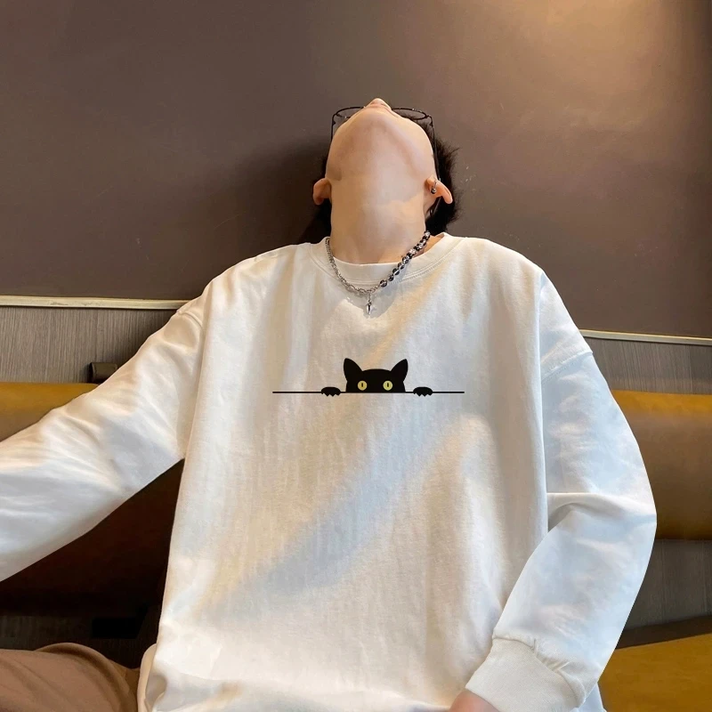 重磅纯棉束口长袖T恤男小黑猫咪圆领打底衫春秋潮牌宽松休闲男士