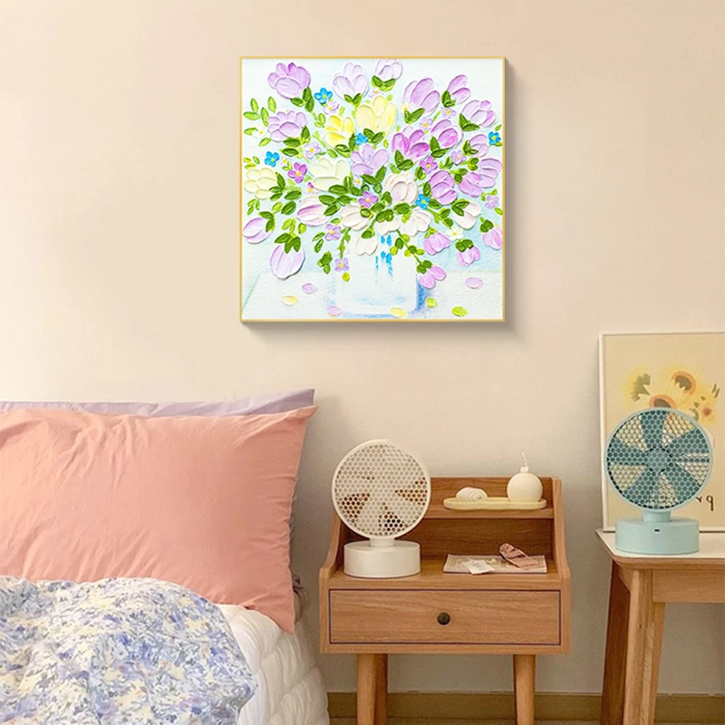 现代简美手工油画客厅小清新餐厅花卉挂画厚油肌理刀画花瓶6060