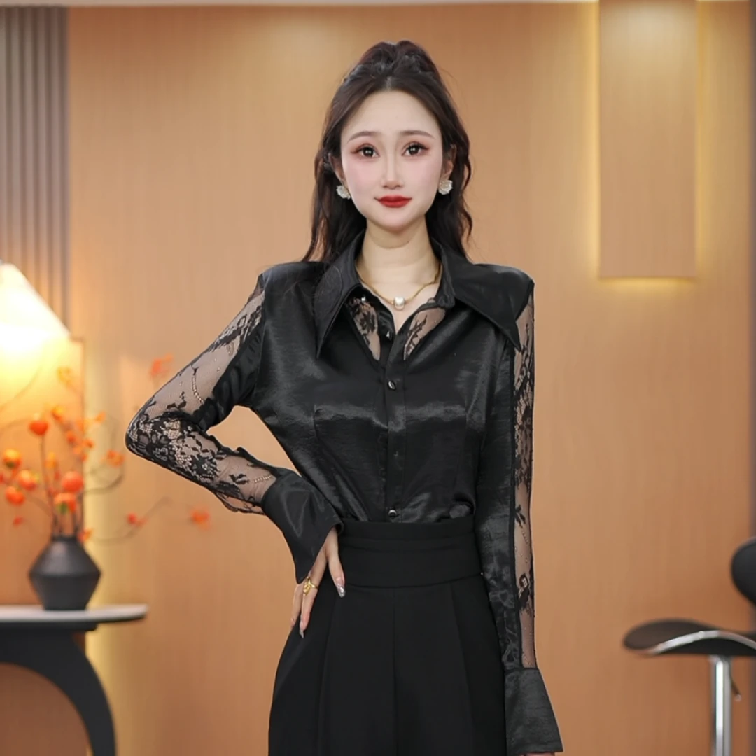 【星期衣】2025新款显瘦设计感洋气百搭蕾丝长袖拼接缎面衬衫上衣女