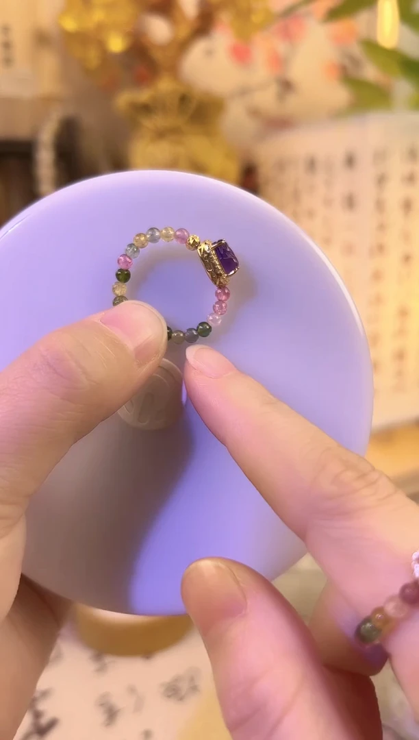 银S925镶嵌戒指碧玺碧玺紫水晶貔貅戒指