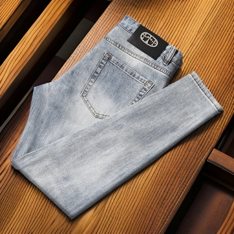 维斯克纳夏季新款烫钻牛仔裤男潮牌潮流个性帅气修身小脚长裤青年