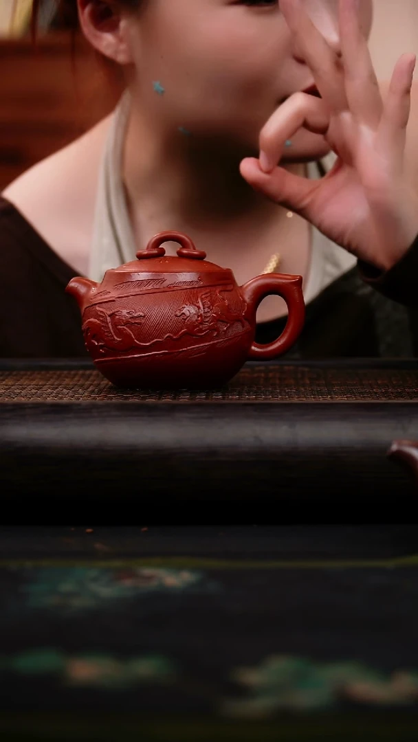 茶壶紫砂朱泥大红袍 问道 王国强&八刀刻绘