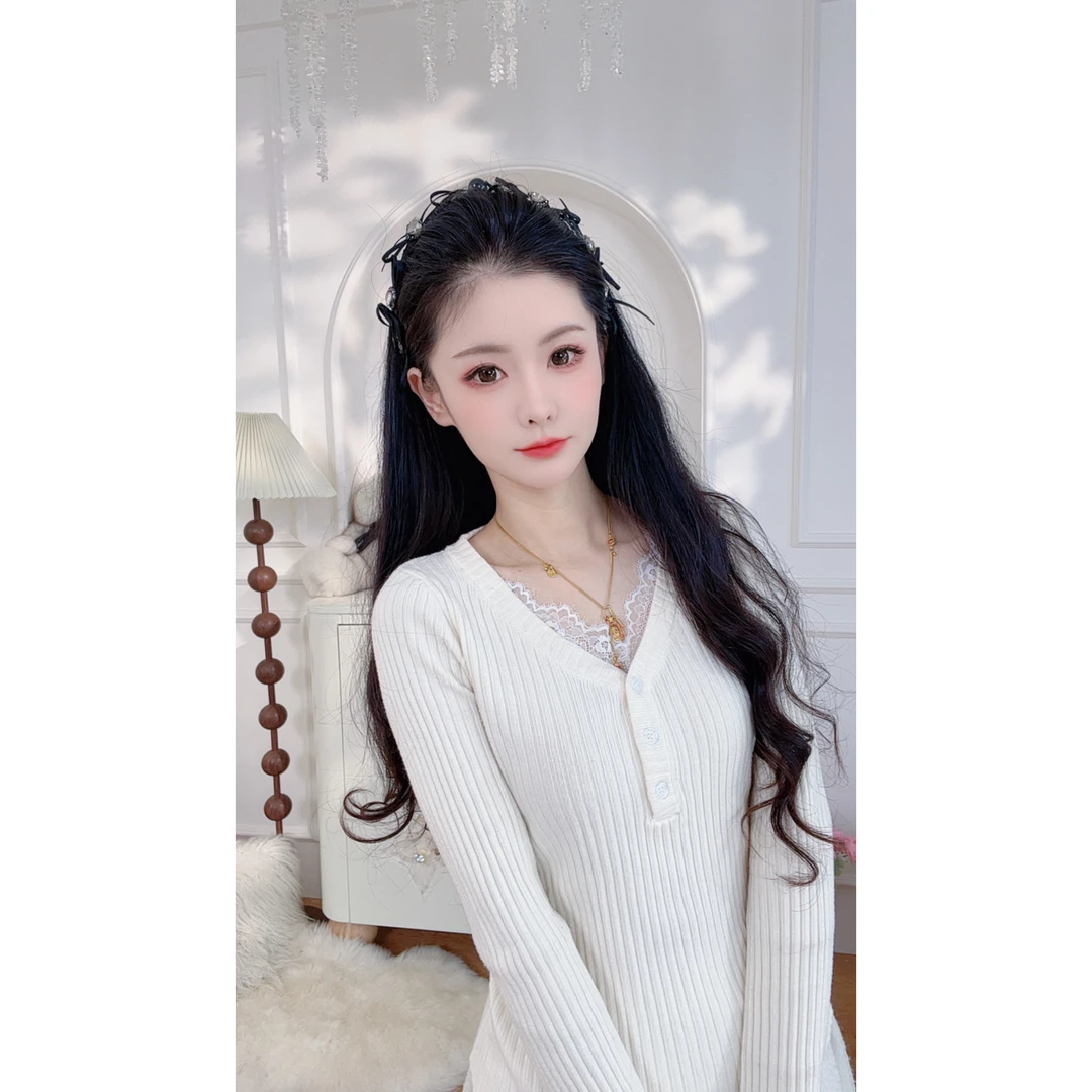 新款V领蕾丝条纹纽扣拼接长袖T恤女装2025韩式秋日掐腰针织小上衣