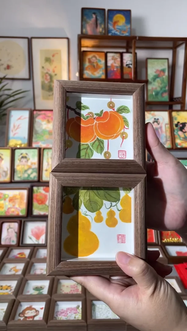 【闪购商品】国画【小葫芦小柿子】纯手绘国画摆台挂画