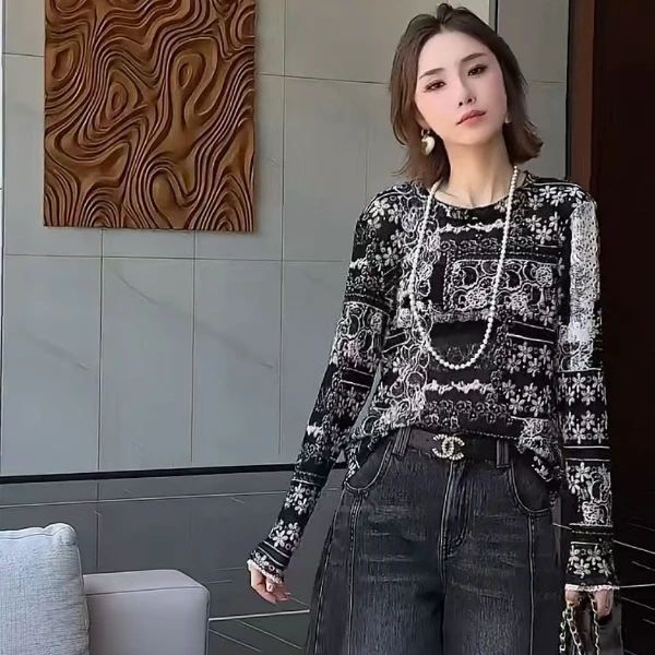 欧洲站2025早秋款欧货韩货时尚潮牌休闲复古印花圆领长袖T女打底