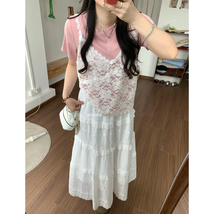 QINGYUS-小众设计感T恤蕾丝吊带上衣两件套微胖显瘦春季大码女装