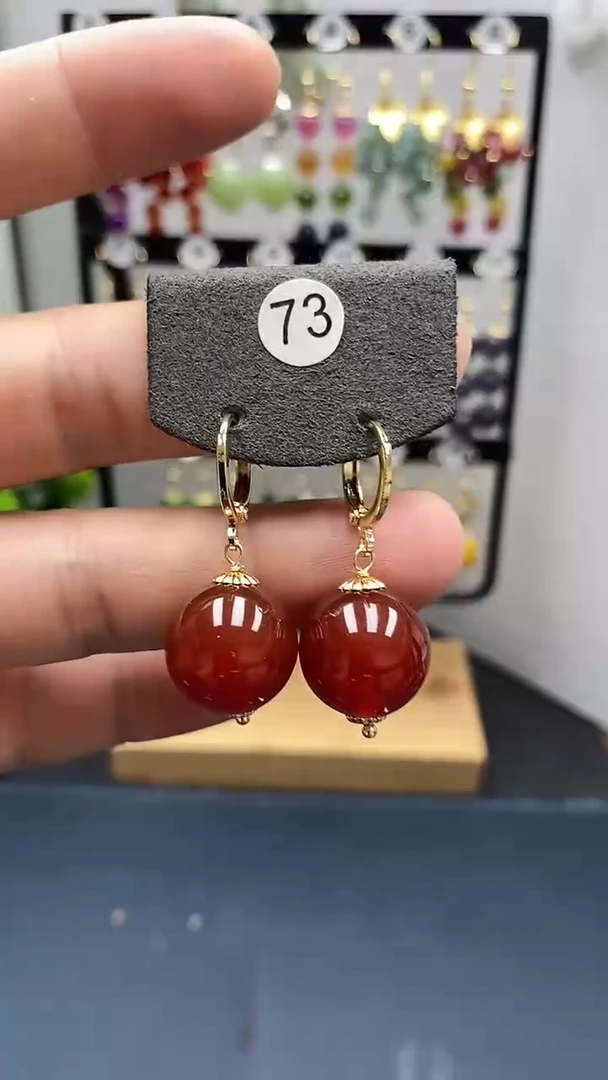 南红玛瑙银S925镀金镶嵌耳饰尺寸16mm耳扣66